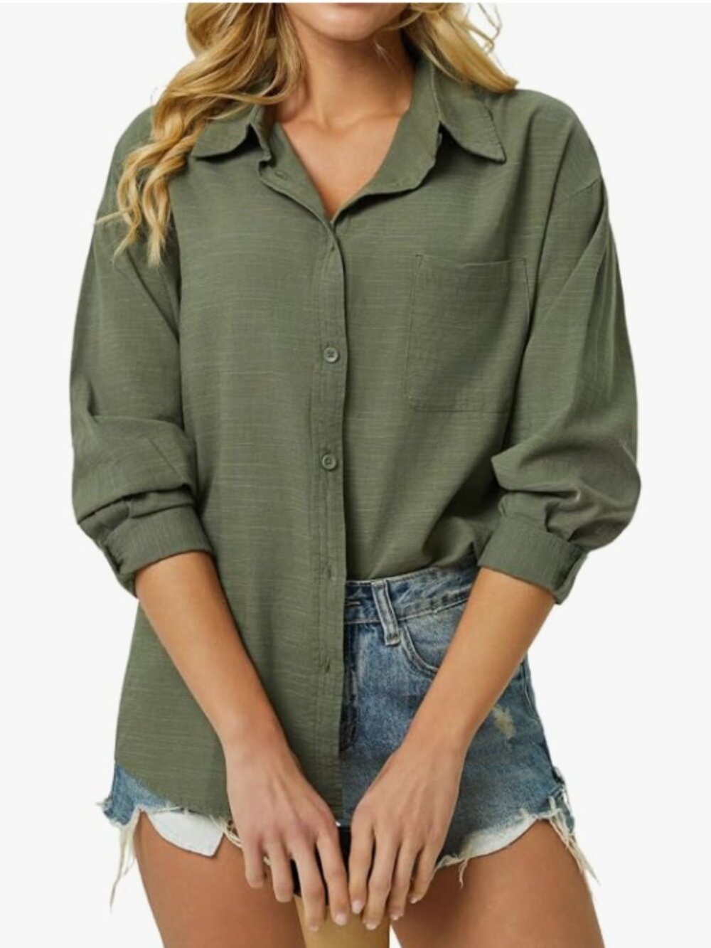 NWT IPMQ 100% Cotton Linen Style Long Sleeve Button Down Shirt Olive Green